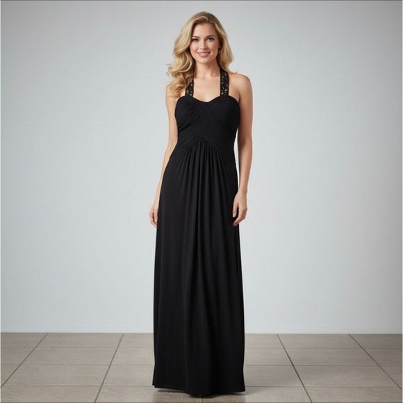 Tadashi Shoji Black Ruched Jersey Evening Gown - Beaded Straps - Size Medium